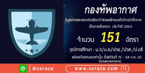 กองทัพอากาศ!! รับสมัครและสอบคัดเลือก กำลังพลสำรองเข้าทำหน้าที่ทหารเป็นการชั่วคราว ประจำปี 2563 จำนวน 151 อัตรา  วุฒิ ม.3/ม.6/ปวช./ปวส./ป.ตรี